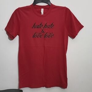 Women's Red T-shirt with Glittery Typography Design that reads "hate & love"